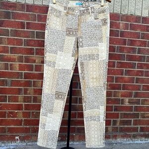 J. McLaughlin Patchwork Print Straight Leg Pant Stretch Low-Rise Tan & Cream 6